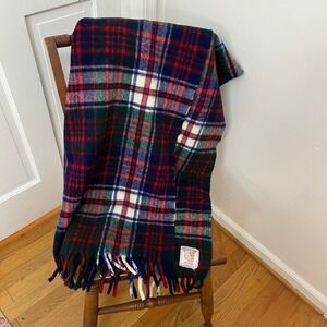 Curvon Crown VTG Wool Lap Blanket Throw Tartan Plaid Fringe 38" X 44" Flaw Holes
